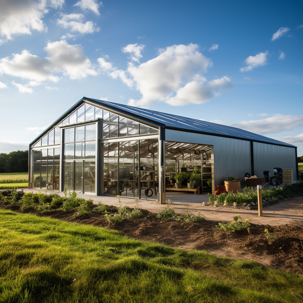 a farm building constructed out of RSJ beams